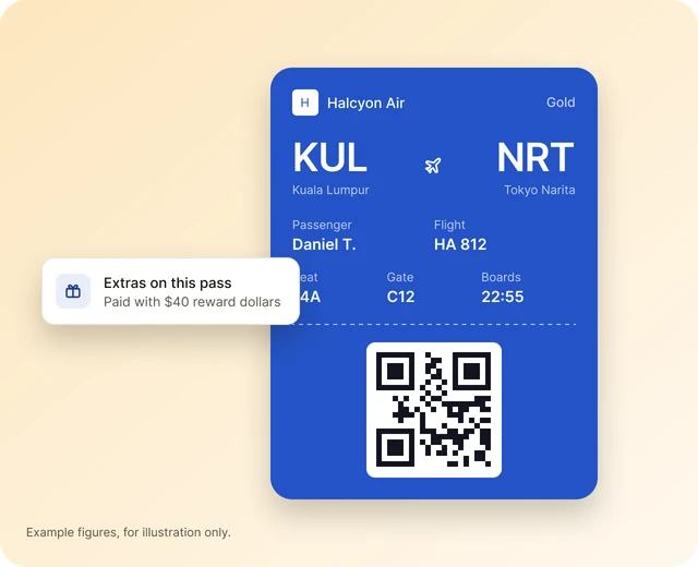 Example boarding pass with extras paid with reward dollars