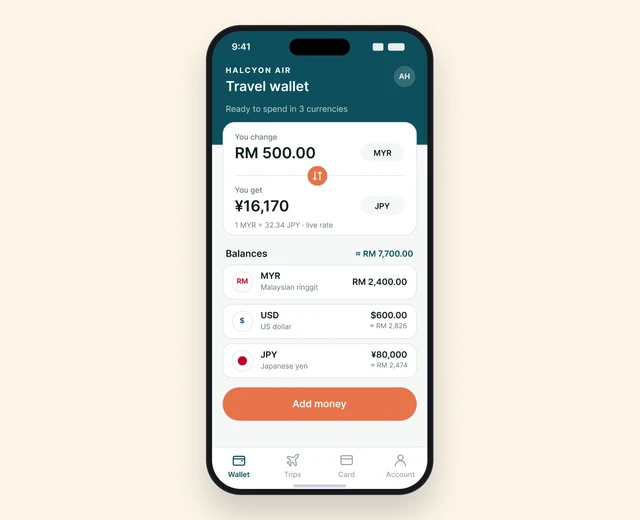 Example travel wallet holding three currencies