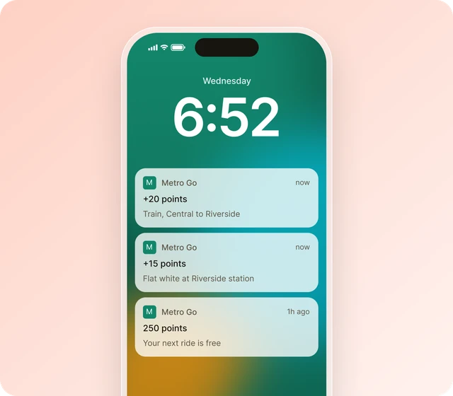 Example ride rewards notifications: points for a train trip and a coffee, and a free ride
