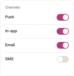 Example channel switches for push, in-app, email and SMS