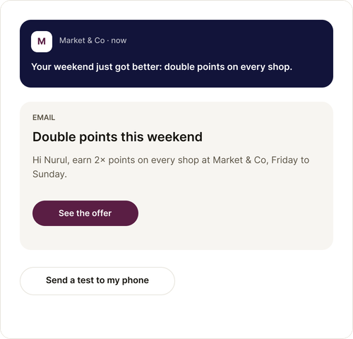 Example push and email previews, with a test send button