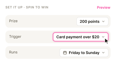 Example spin-to-win set-up with its trigger and days