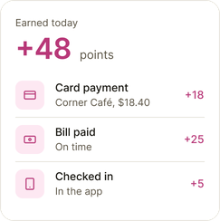 Example points earned today from a card payment, a bill and an app check-in