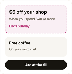 Example coupon for $5 off a shop of $40 or more